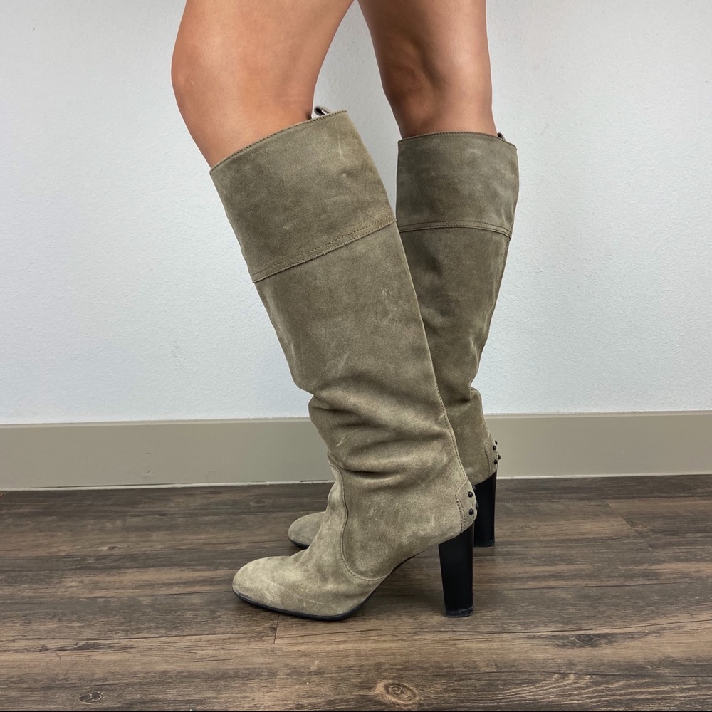 Tods Jodie olive suede knee high block heel